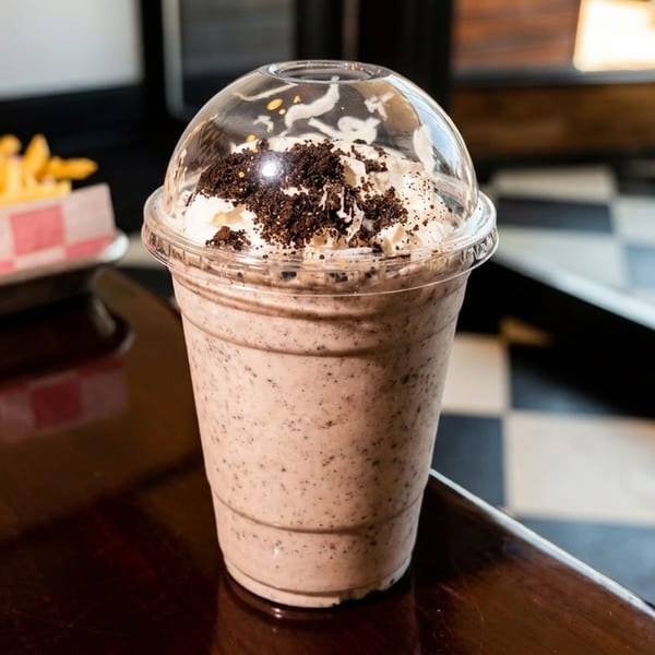 Oreo milkshake with whipped cream and cookie crumbles, next to fries on a checkered floor.