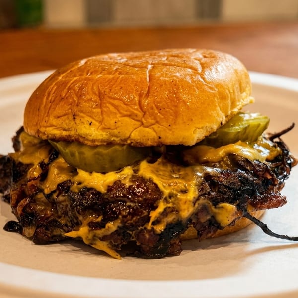 A juicy BBQ brisket sandwich with melted cheese and pickles on a white plate.